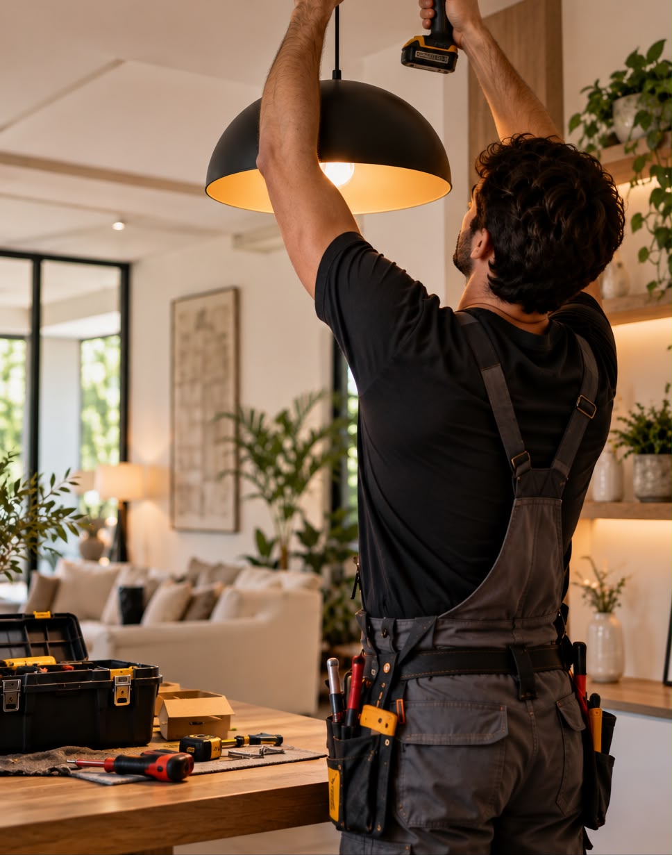 Professional installing a lamp in a living room